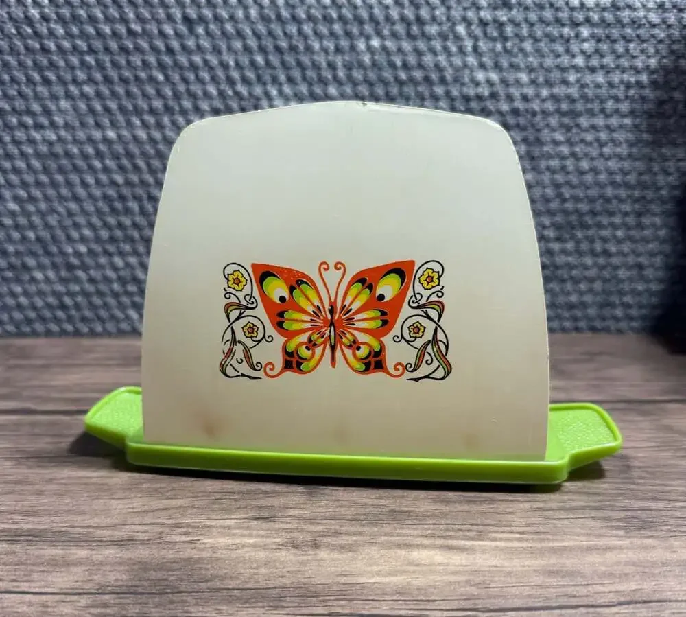 Mid-Century Retro Napkin Letter Card Holder Plastic Orange Butterfly Green Base